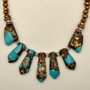 Freshwater Pearls Turquoise and Bronzite Pyrite Graduated Necklace 18 inches